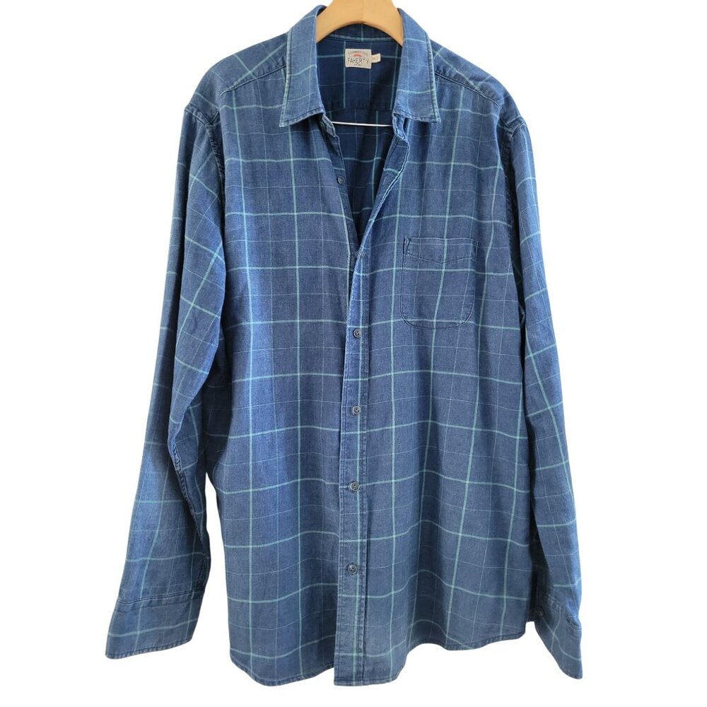 Faherty Mens Ventura blue Windowpane print shirt long sleeve Size 2XL